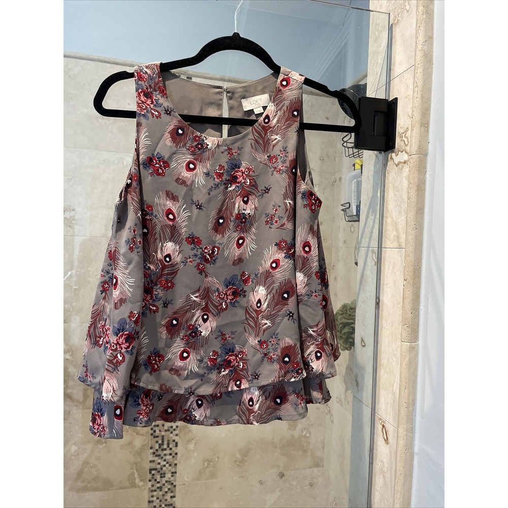 Loft Gray Pink Peacock Cloud Floral  Hem Flutter  Sleeveless Top Swing  XS